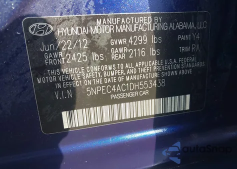 2013 Hyundai Sonata Se from USA, damaged, VIN 5NPEC4AC1DH553438